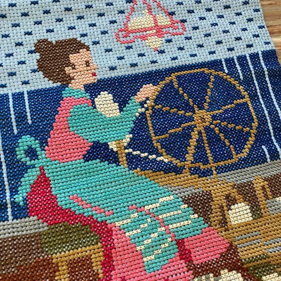 Woman at Spinning Wheel Cross Stitch Embroidery Vintage Completed Wall Hanging - Picture 2 of 4